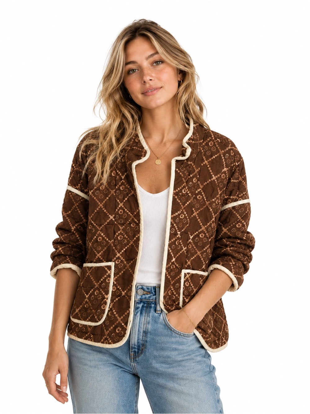 Free People Quilted Brown utility Jacket with Cream Trim - Picture 2 of 10